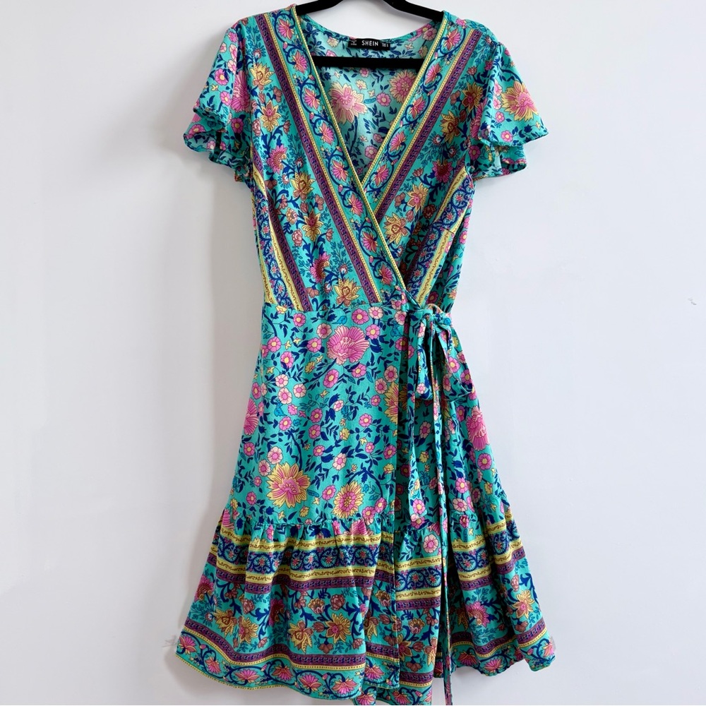SHEIN Turquoise Mixed Floral Boho Wrap Dress Flutter Sleeve
